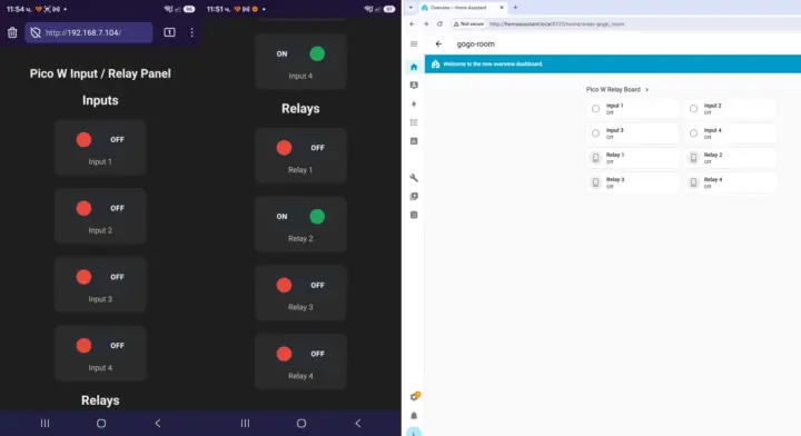 Interfaz web de MicroPython (izquierda) e integración con Home Assistant (derecha)