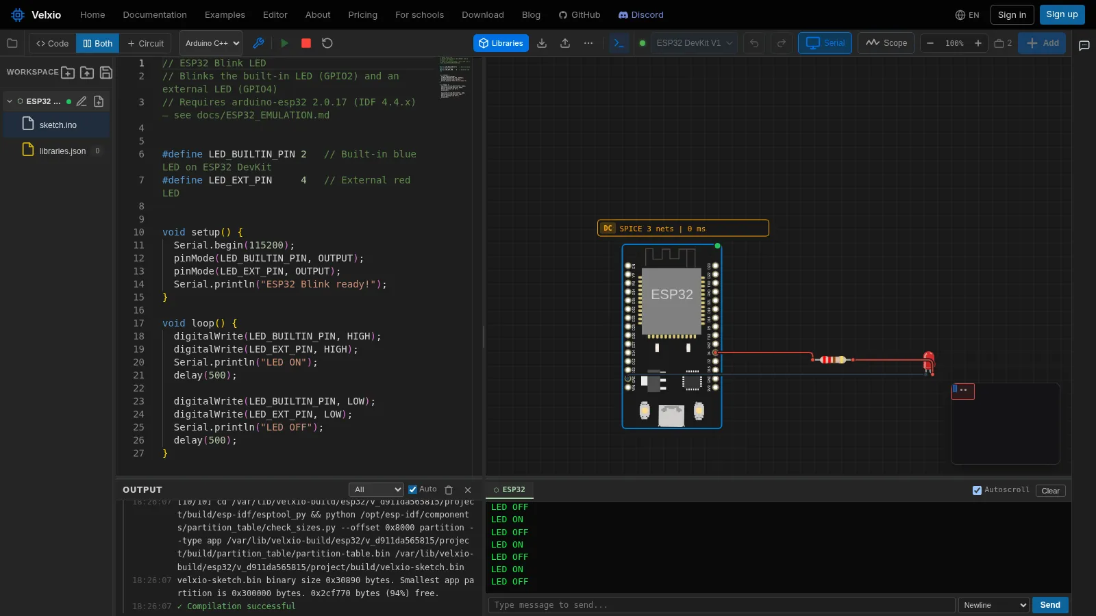 El ejemplo de parpadeo ESP32: editor de código, circuito cableado, registro de compilación y monitor serial en una pestaña