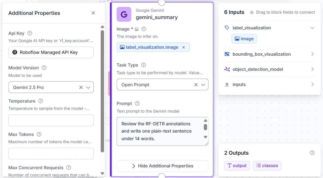 Configuración del bloque de Gemini 2.5 Pro en el flujo