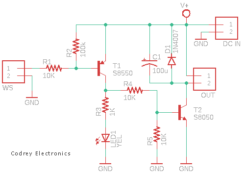 Esquemático del sensor de agua con dos transistores S8550 y S8050