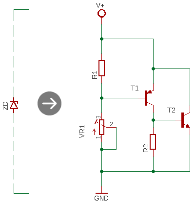 Esquematico del zener variable con T1, T2, R1, R2 y trimpot VR1