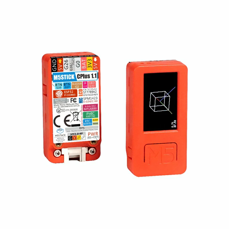 M5StickC Plus ejecutando una demo del sensor de movimiento (IMU) en su pantalla a color