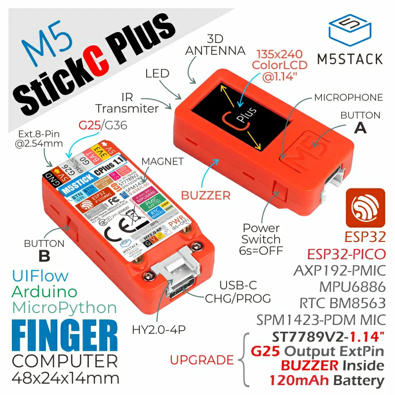 M5StickC Plus con todas sus etiquetas: ESP32 PICO, pantalla a color, IMU, micrófono y conector Grove