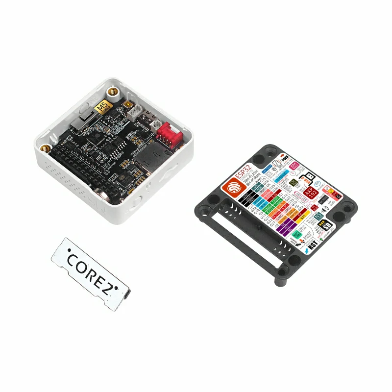 Vista despiezada del M5Stack Core2: carcasa, placa ESP32 y base apilable