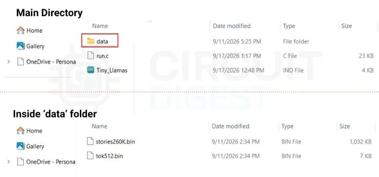 Estructura de la carpeta del proyecto con el sketch, run.c y la carpeta data