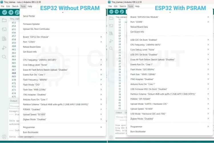 Configuración del menú Herramientas de Arduino IDE para un ESP32 sin PSRAM y un ESP32-S3 con 16 MB de Flash y 8 MB de PSRAM