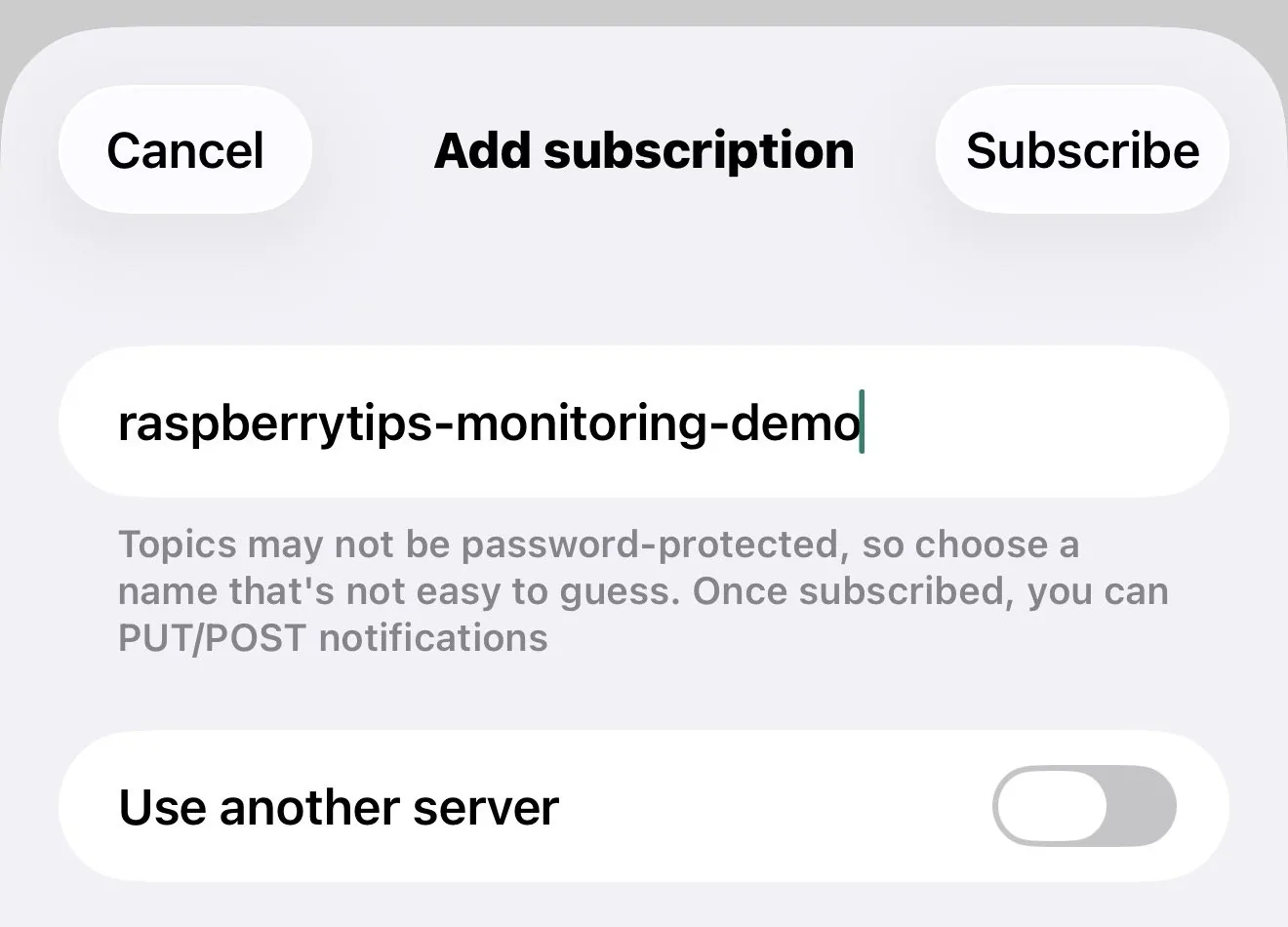 App ntfy al crear una suscripción, con el interruptor de otro servidor apagado