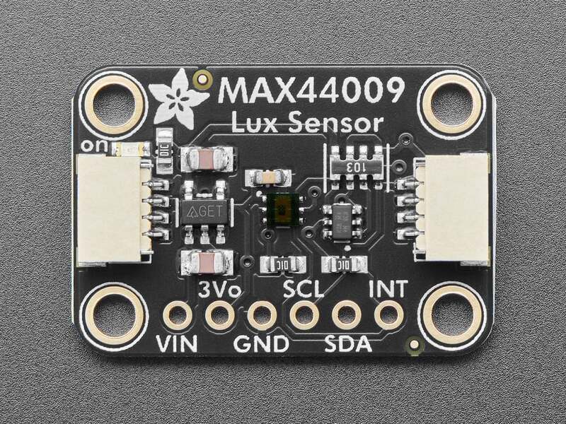 Vista superior del módulo MAX44009 con los pines VIN, GND, 3Vo, SCL, SDA e INT rotulados