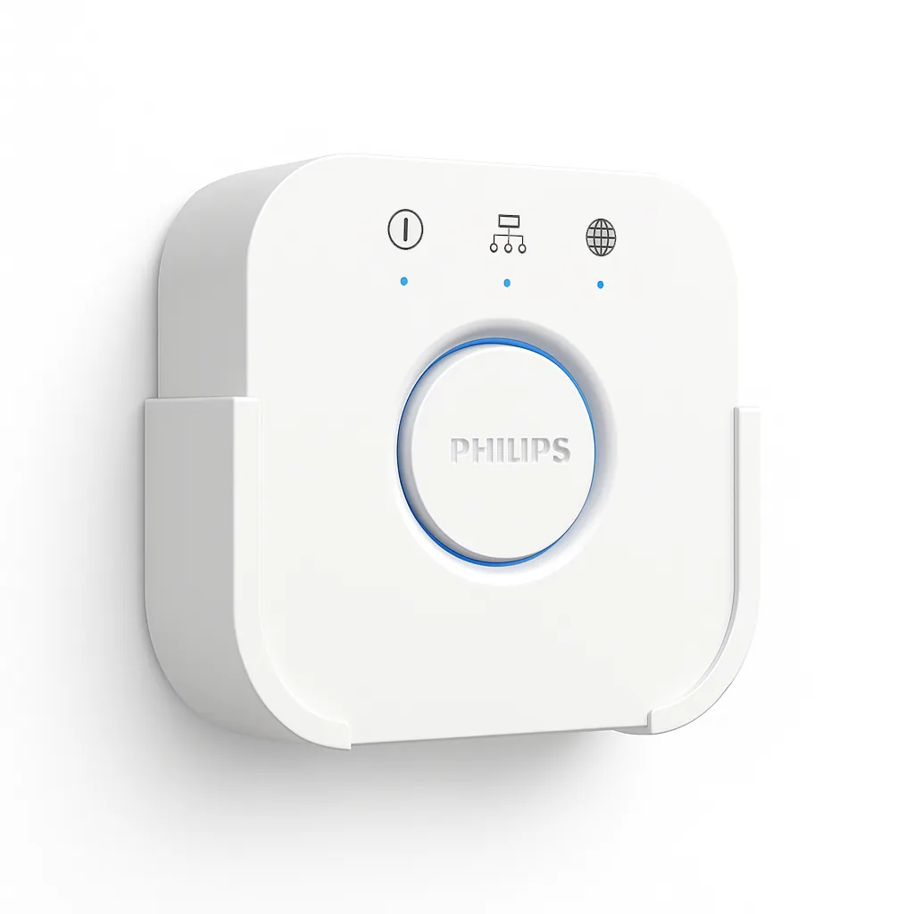 Soporte original V1 con la Philips Hue Bridge blanca de generación anterior montada en pared