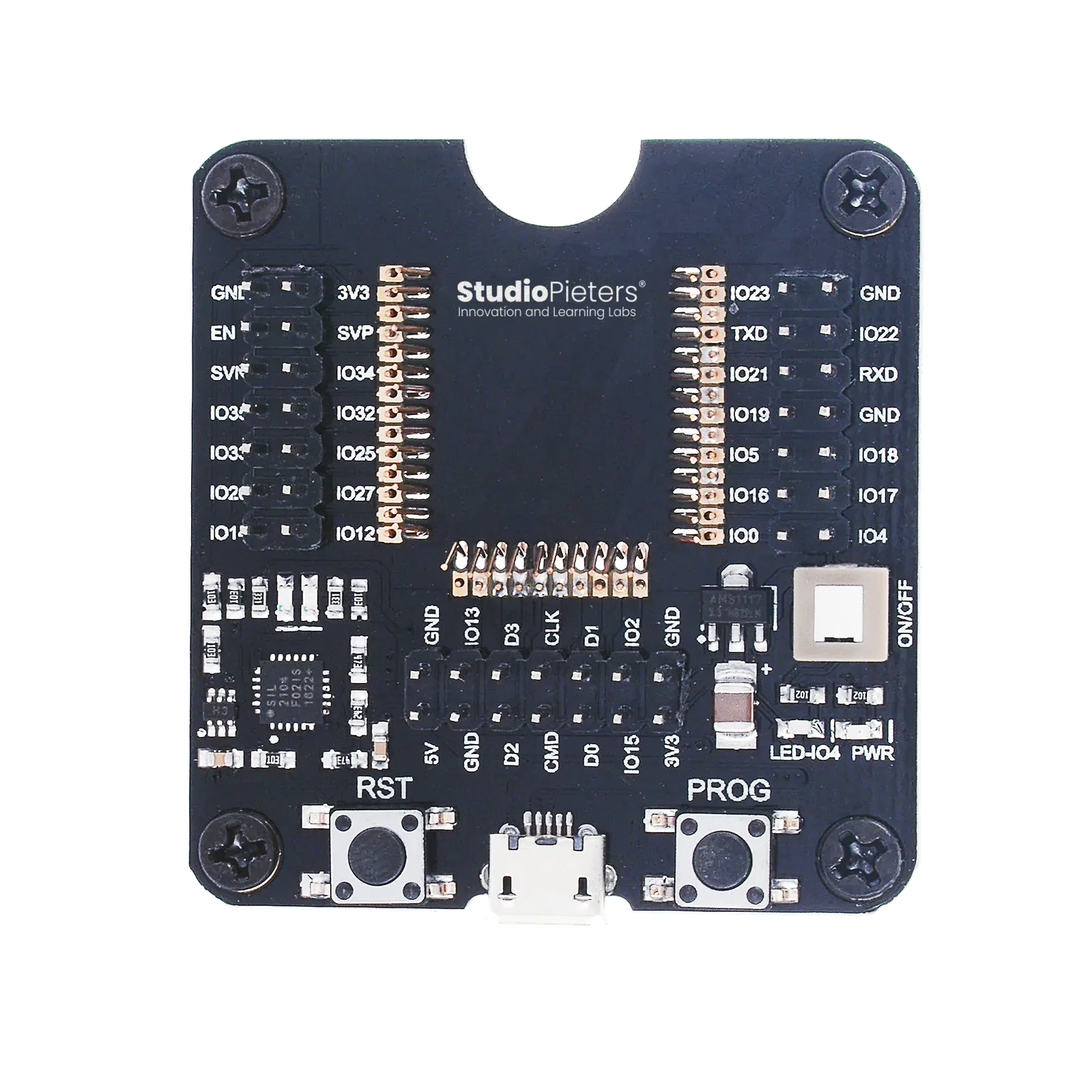 Placa programadora StudioPieters con los pines GPIO rotulados, incluido el pin del LED