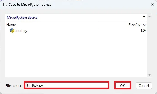 Subir el archivo tm1637.py al dispositivo MicroPython desde Thonny IDE