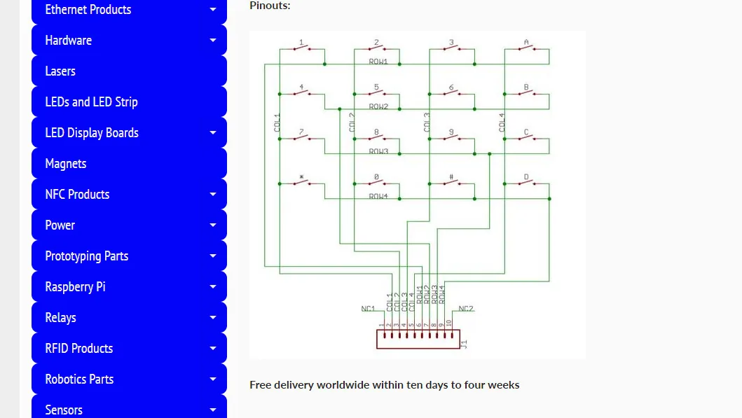 Diagrama de pinout de un teclado matricial con sus filas y columnas