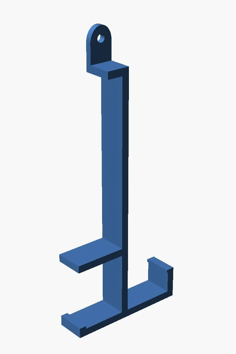 Render CAD de la abrazadera, con los dos ganchos abajo y la aleta para la articulación M5 arriba