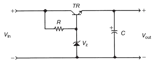 Esquema del regulador serie basico con transistor de paso, resistencia, diodo zener y condensador