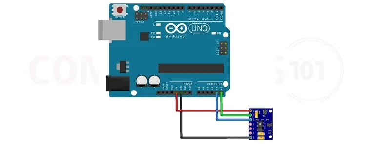 Arduino Uno conectado al MAX30102 mostrando el cableado I²C: VIN, GND, SCL y SDA