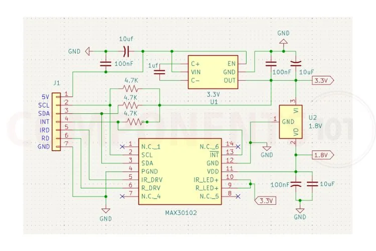Esquemático del módulo MAX30102 con los reguladores de 3.3 V y 1.8 V y los tres resistores pull up de 4.7K en el bus I²C