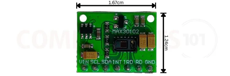 Dimensiones físicas del módulo MAX30102: 1.67 cm de ancho por 1.24 cm de alto