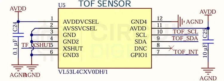Circuito del sensor Time of Flight VL53L4CX montado en la placa óptica
