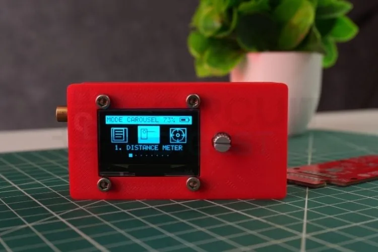 Menú carrusel del SmartTape mostrando los ocho modos de medición en la pantalla OLED