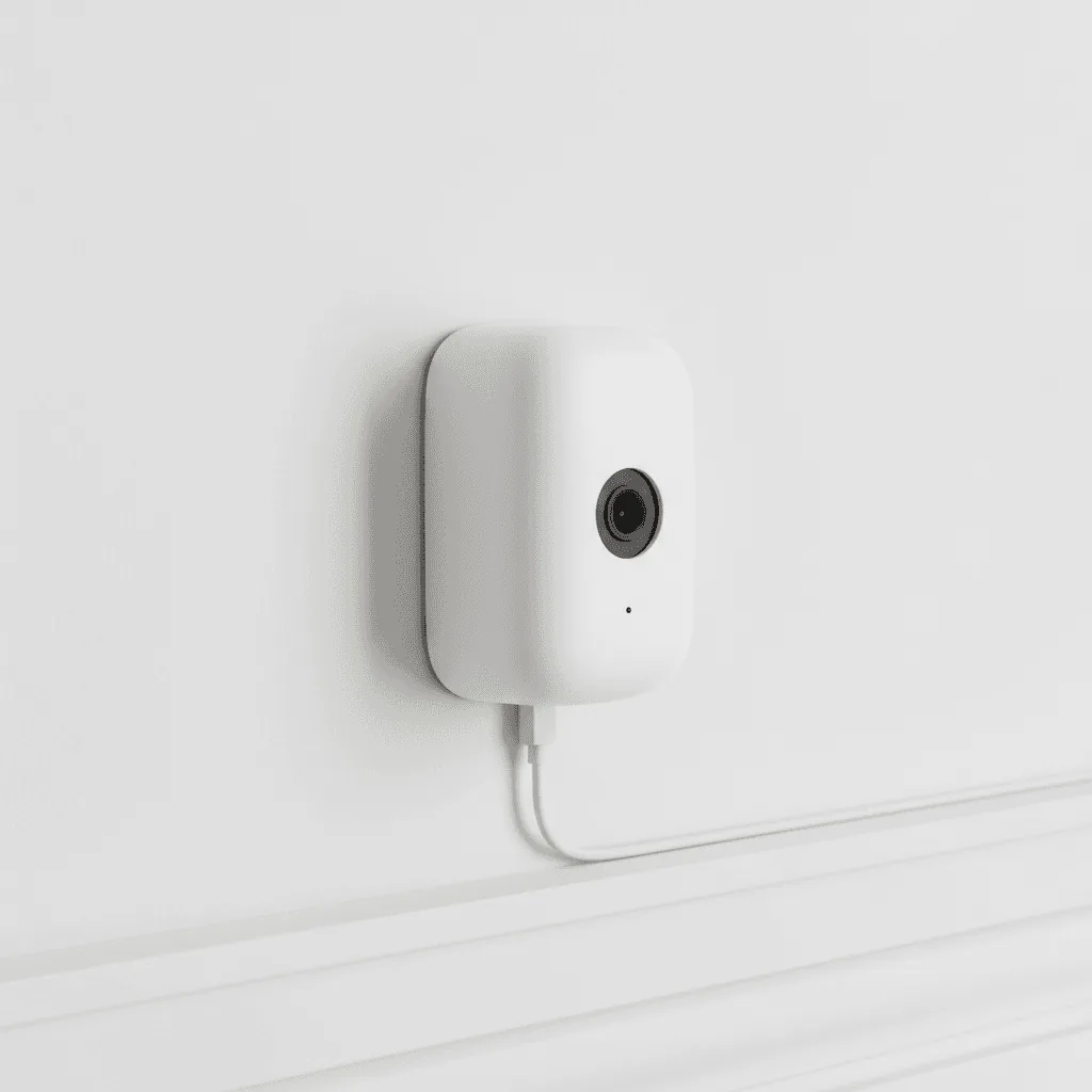 Camara de vigilancia montada en una pared blanca, alimentada por cable