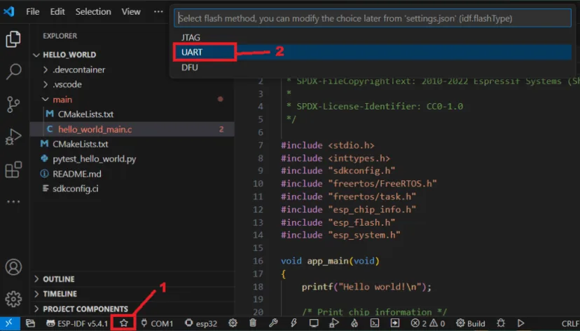 Menú de VS Code para seleccionar UART como método de grabado del ESP32