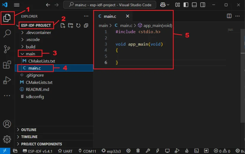 Archivo main.c de la plantilla abierto en el editor de VS Code