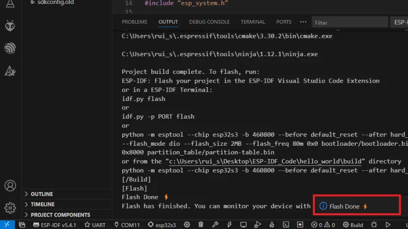 Mensaje de grabado completado (Flash Done) en VS Code tras programar el ESP32