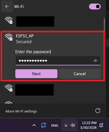 Menú de WiFi del dispositivo conectándose a la red ESP32_AP