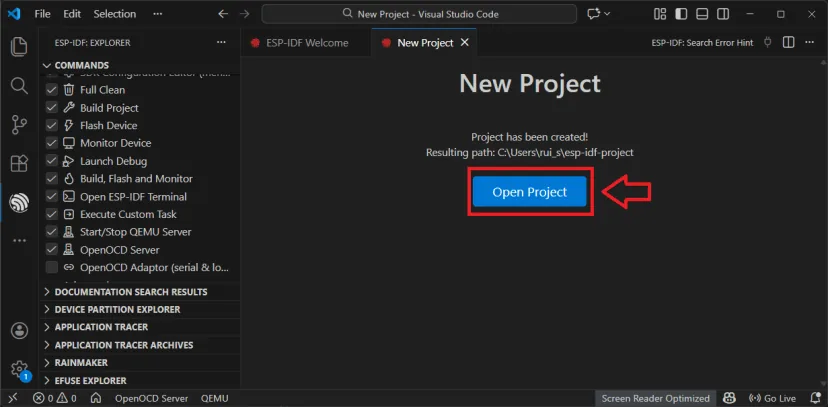 Notificación de VS Code ofreciendo abrir el proyecto ESP IDF recién creado