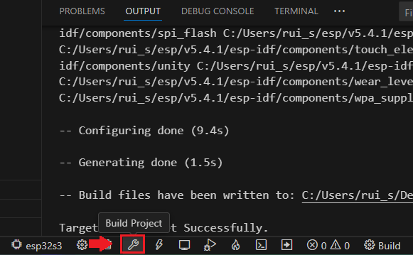 Botón Build Project de la extensión ESP IDF en VS Code