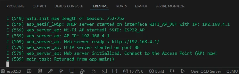 Monitor serial mostrando el arranque del Access Point y la dirección IP del ESP32