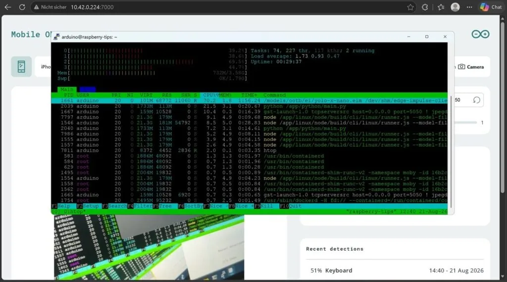 htop en el UNO Q muestra el proceso yolo-x-nano.eim consumiendo cerca de 70% de CPU durante la detección