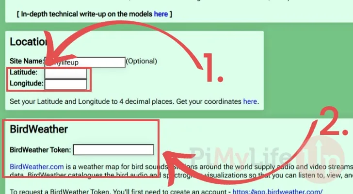 Sección de Location y BirdWeather en la configuración de BirdNET Pi, con los campos de latitud, longitud y token destacados