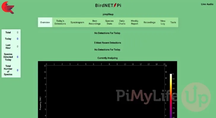 Interfaz web de BirdNET Pi mostrando el panel de detección en tiempo real
