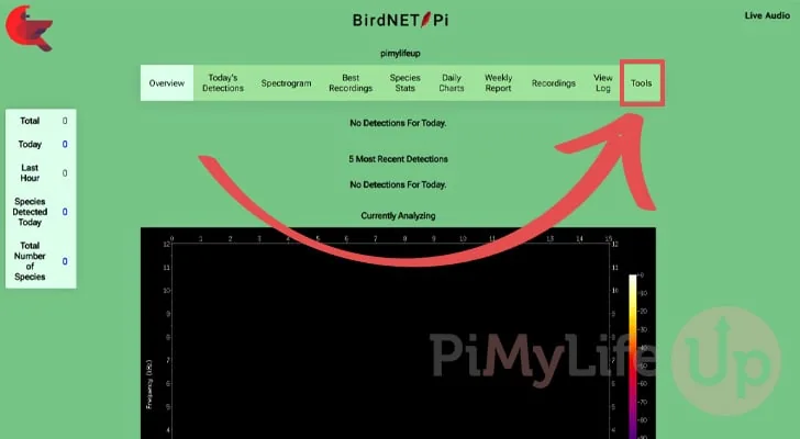 Página principal de BirdNET Pi con el botón Tools destacado en la esquina superior derecha