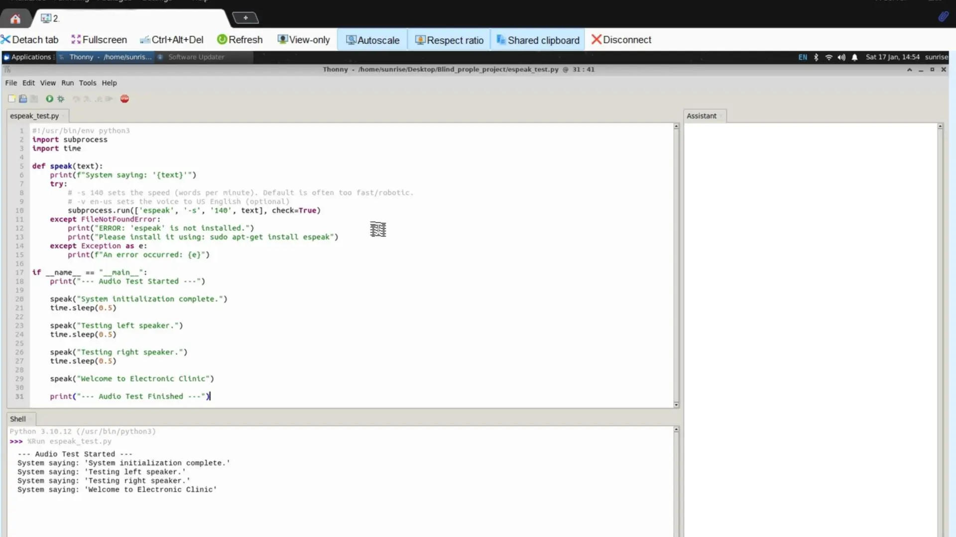 Captura del IDE Thonny en la RDK X5 ejecutando el script de prueba de eSpeak, con la salida del test de voz en la consola