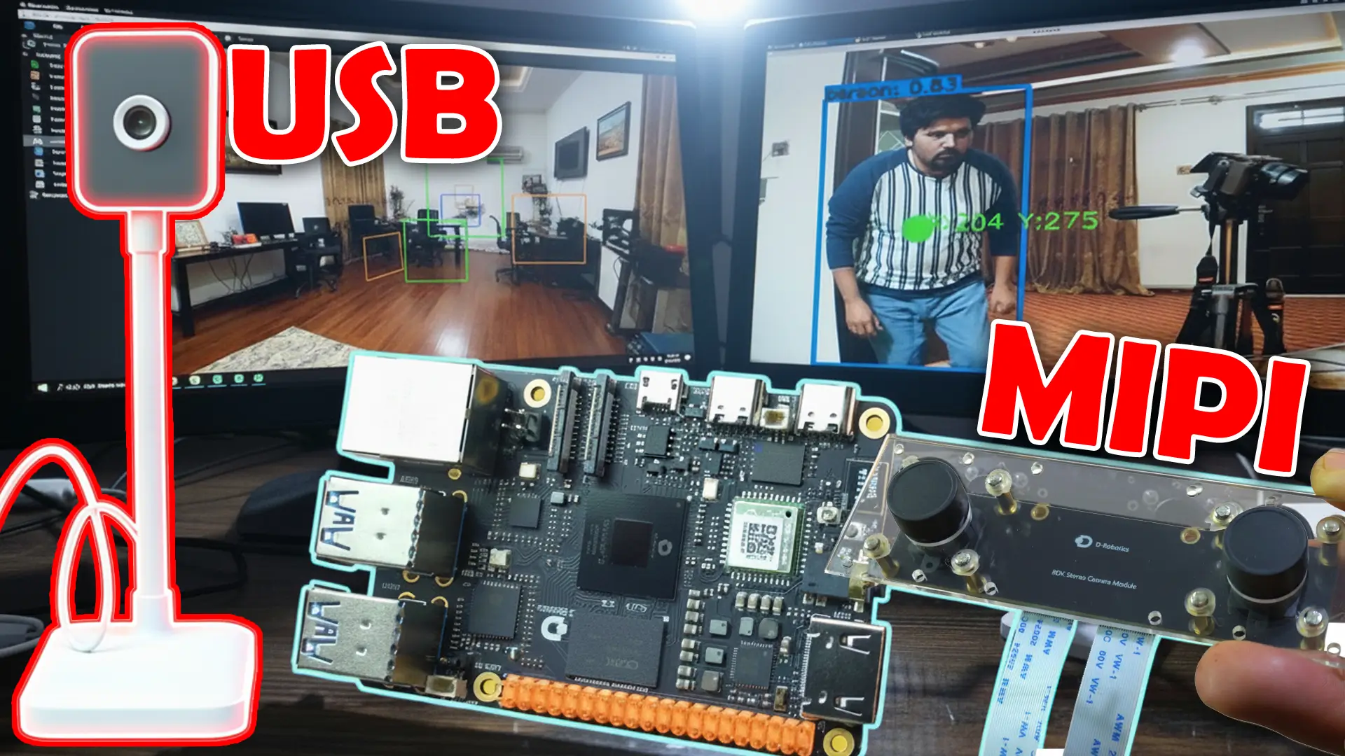 Cámara USB a la izquierda y módulo de cámara MIPI a la derecha junto a la placa RDK X5, con detección de una persona en el monitor