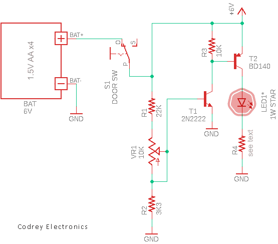 Diagrama esquemático de la luz de gabinete con dos transistores 2N2222 y BD140