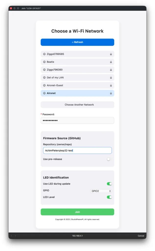 Portal cautivo de LCM para elegir la red WiFi y configurar el repositorio de firmware en GitHub