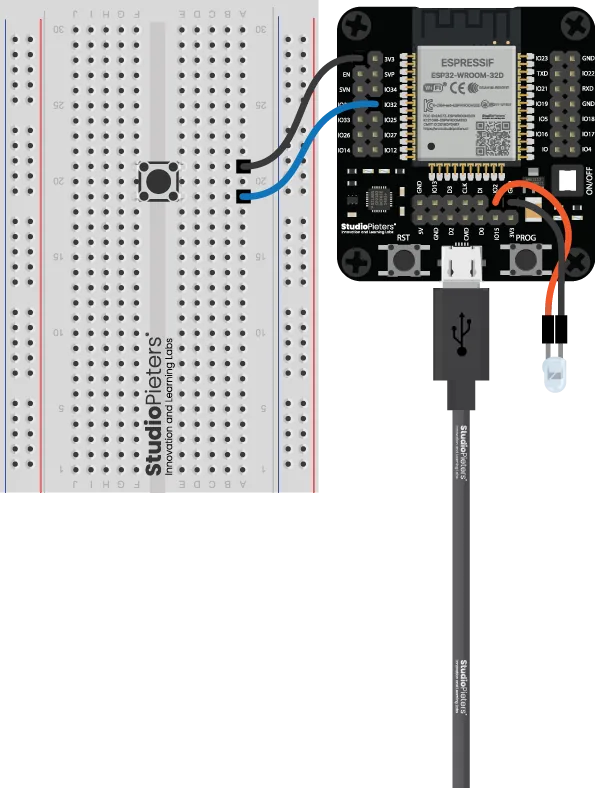 Diagrama de conexión del LED y el pulsador a la placa ESP32 en protoboard