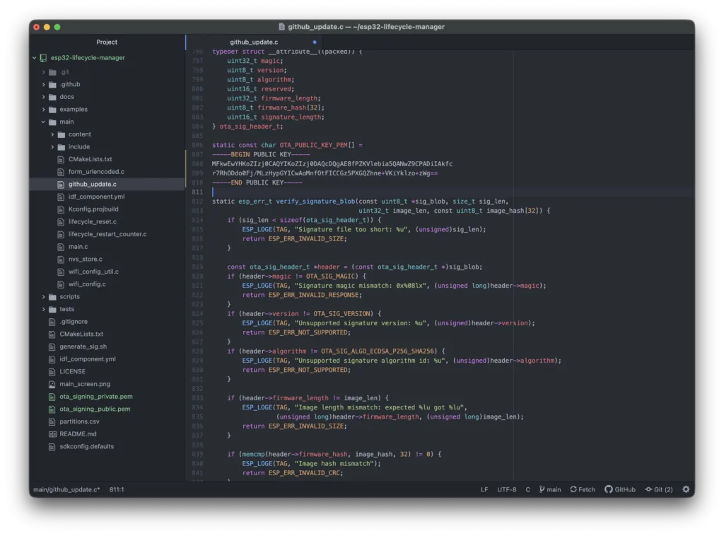 Editor mostrando github_update.c con la constante OTA_PUBLIC_KEY_PEM lista para reemplazar