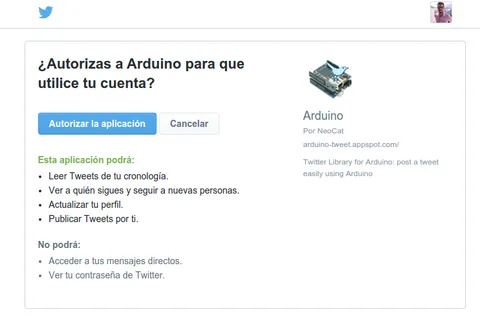 Pantalla de autorización del servicio Arduino Twitter Library pidiendo permiso a tu cuenta