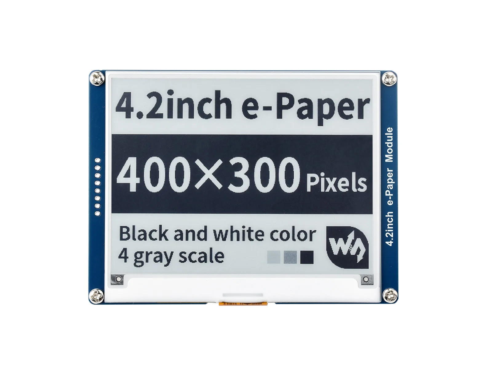Display Waveshare ePaper de 4,2 pulgadas mostrando texto 400x300 pixels en blanco y negro, con marco azul