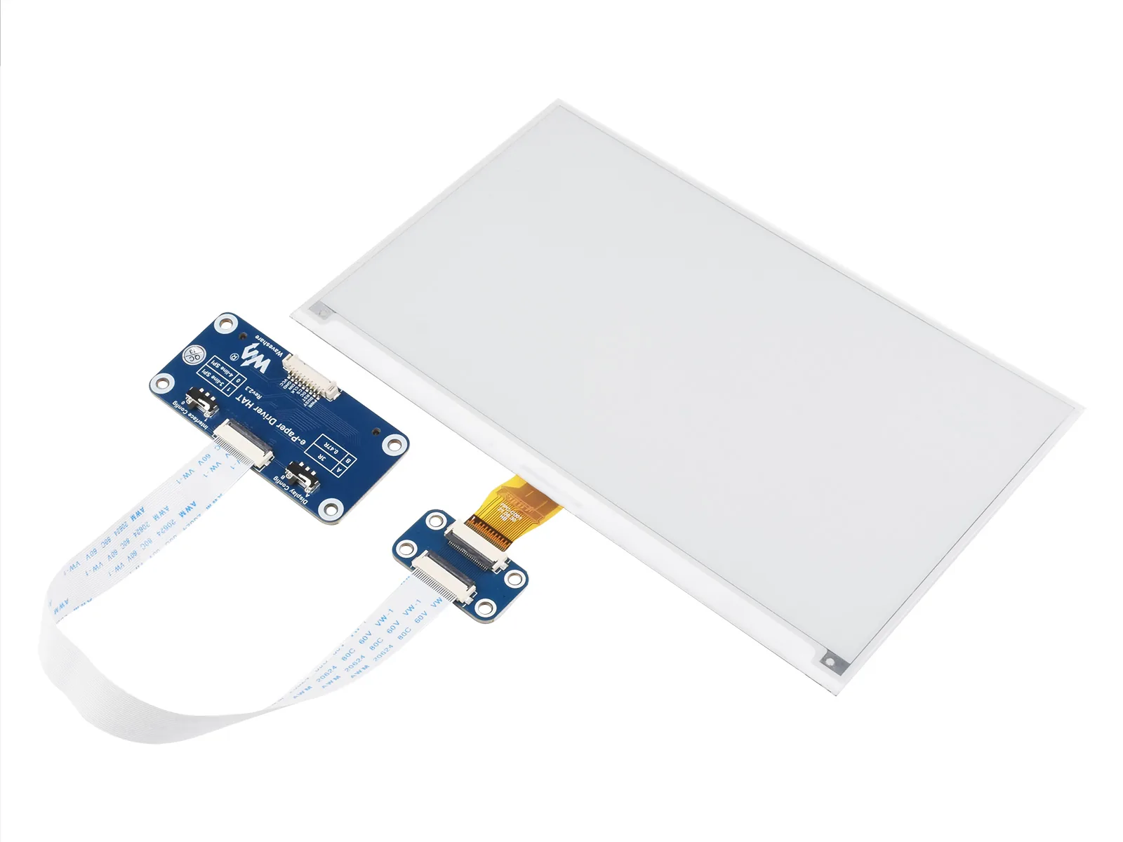 Display Waveshare ePaper de 7,5 pulgadas blanco y negro junto a su placa controladora HAT con cables planos