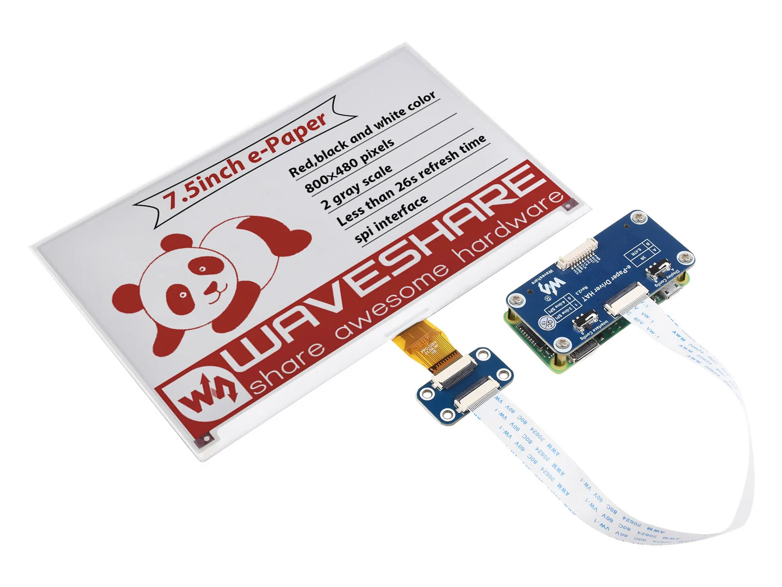 Display Waveshare ePaper tricolor de 7,5 pulgadas mostrando el panda rojo de Waveshare y specs 800x480 con tinta roja, negra y blanca