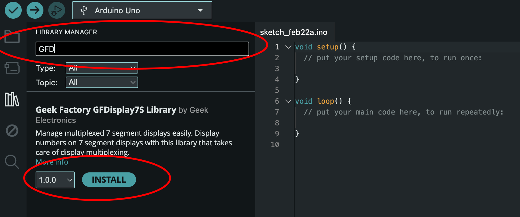 Gestor de librerías del Arduino IDE mostrando la librería GFDisplay7S de Geek Factory lista para instalar