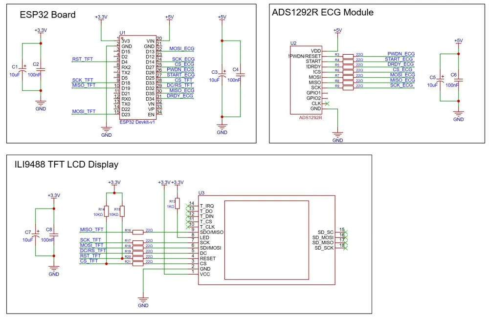 Esquemático del monitor ECG con ADS1292R, ESP32 y pantalla TFT