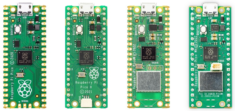Las cuatro variantes de la familia Raspberry Pi Pico vistas desde arriba lado a lado