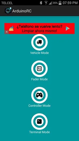 Pantalla de la app ArduinoRC mostrando los modos Vehicle, Fader, Controller y Terminal