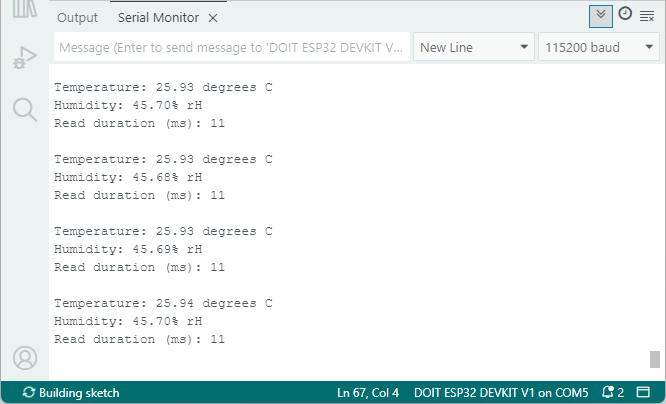 Lecturas de temperatura y humedad del SHT41 en el monitor serie
